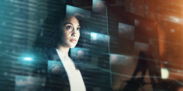 Futuristic, AI and business woman, iot and connectivity, cyber data overlay and technology innovati